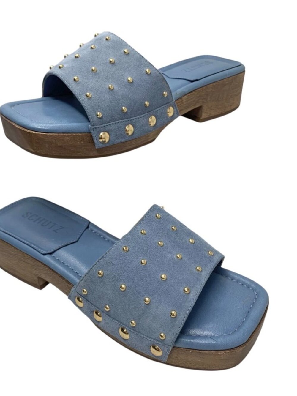 SCHUTZ‎ Summer Jean Blue Suede Studded Wooden Clog Slides